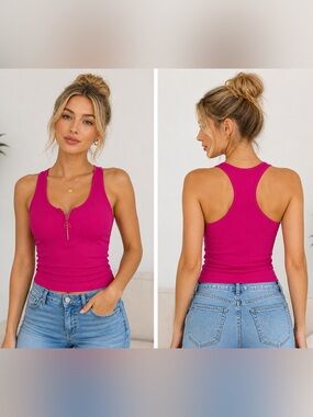 YI TONG  WMN Pink Ribbed Racerback Tank Top Zip Front Stretch One Size XS S NWT